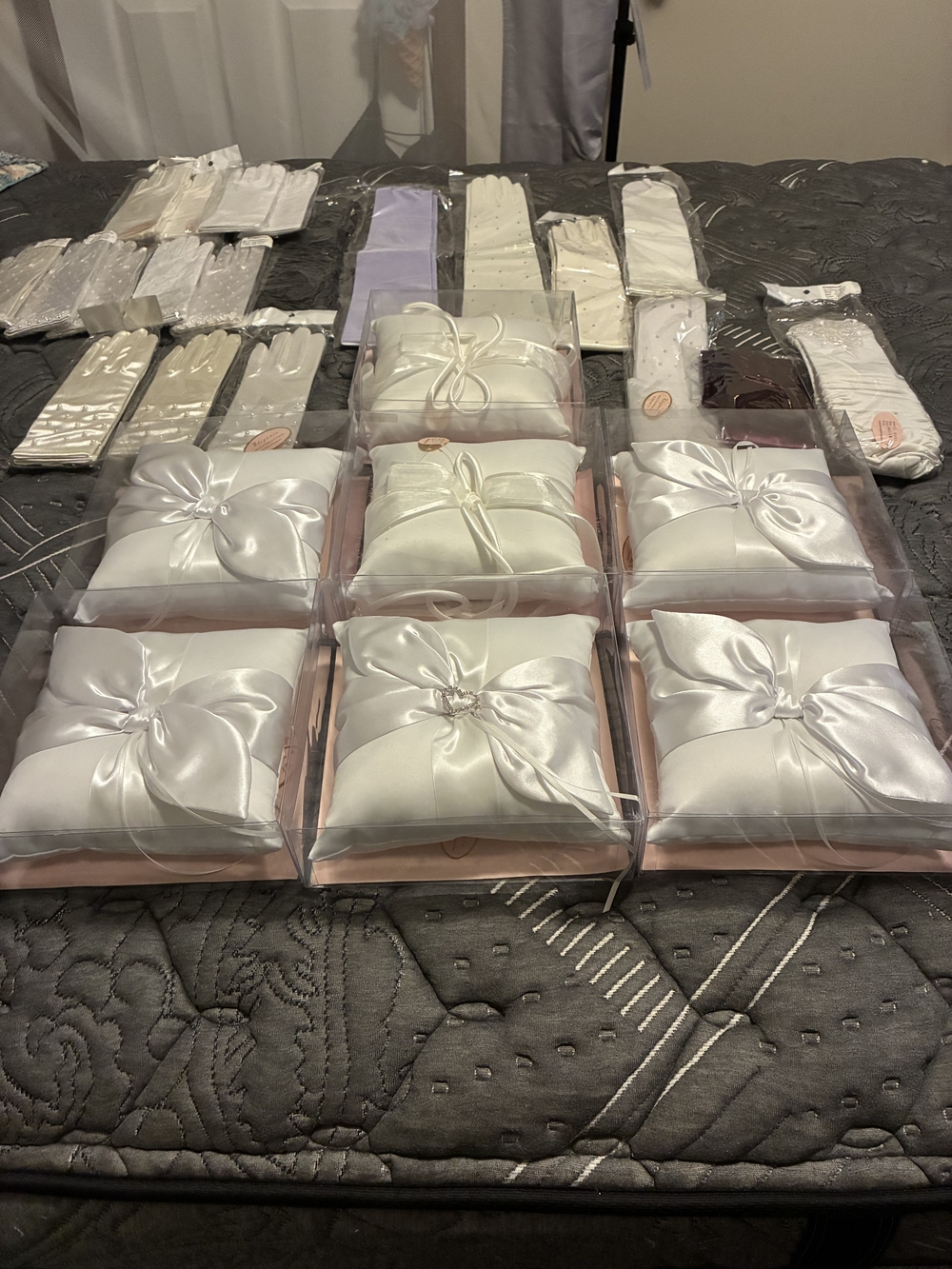 Lot Of 27 Piece Set Satin Ribbon Ring Bearer Pillows & Gloves